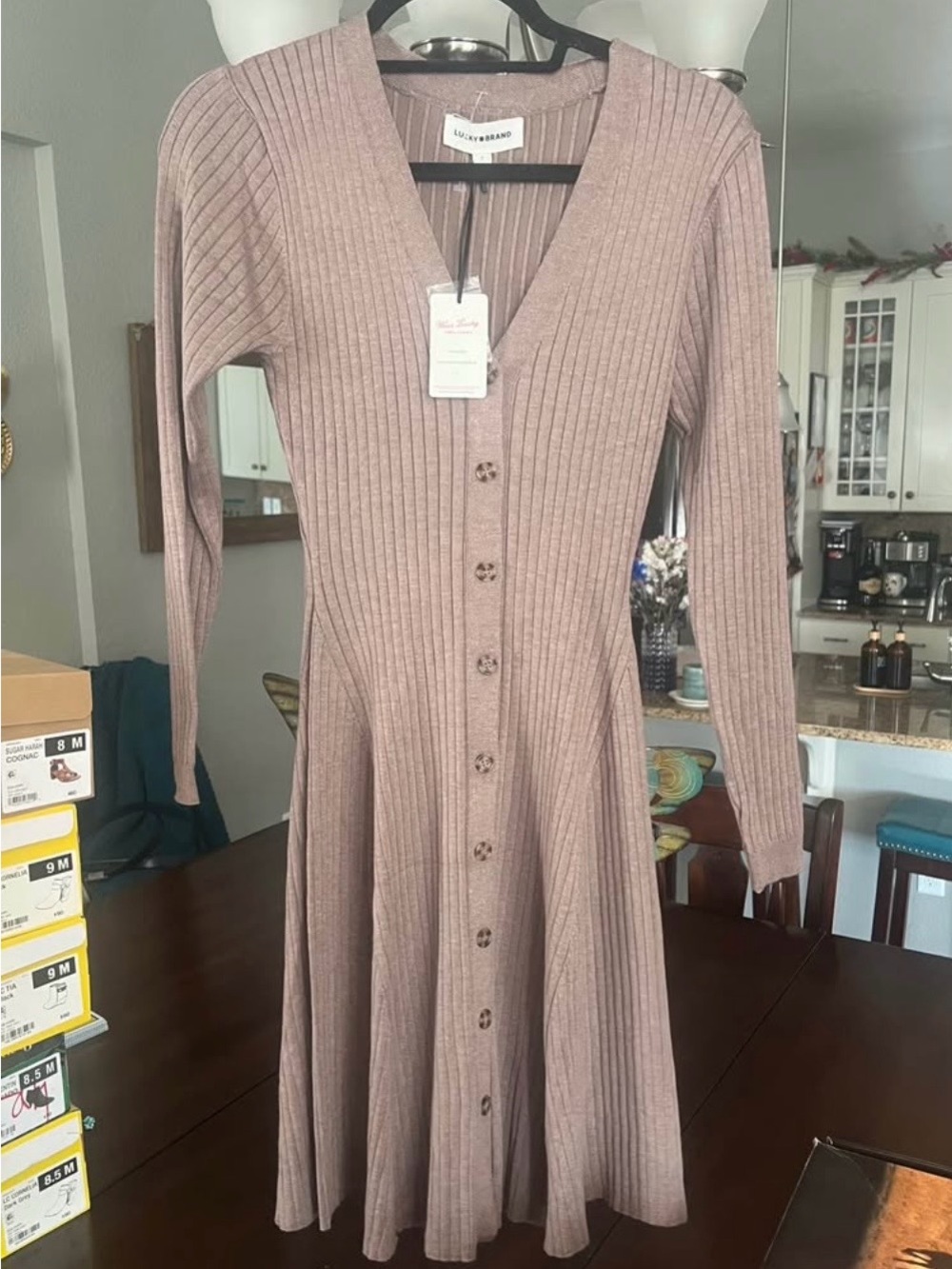 Lucky Brand Ribbed Button-Front Long Sleeve Midi Dress in Dusty Mauve